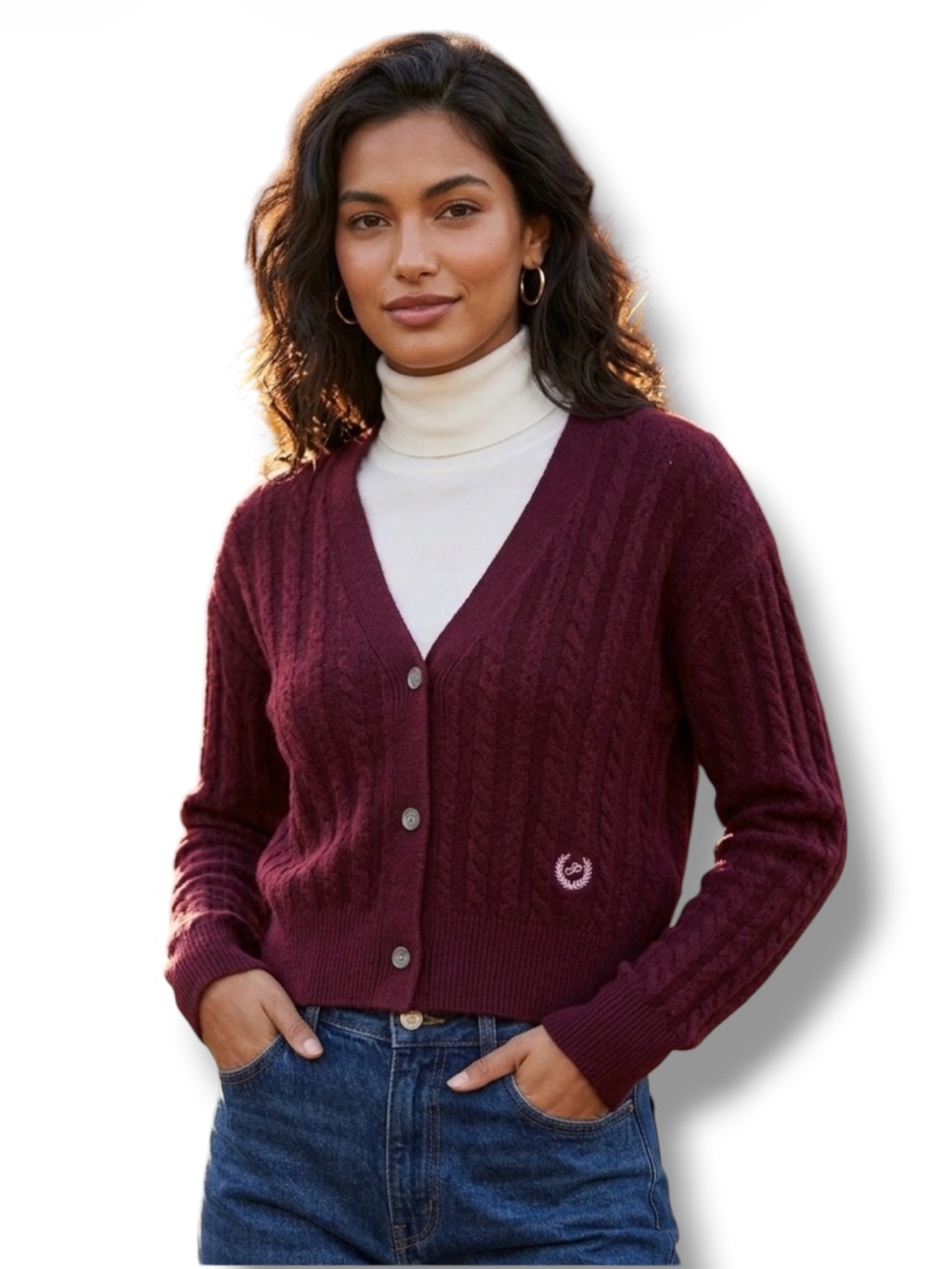 NWT PINK Victoria's Secret Maroon Cable Knit Cropped Cardigan Sweater Size M